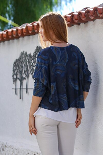 Chiccy Italian Navy Blue Pool Collar Long Sleeve Patterned Thin Two-Piece Set Inside Sleeveless Combed Knitwear Blouse 70 60