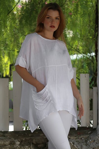 Chiccy Italian White Pool Collar Pocketed Washable Linen Asymmetrical Oversize Woven Blouse 75 65