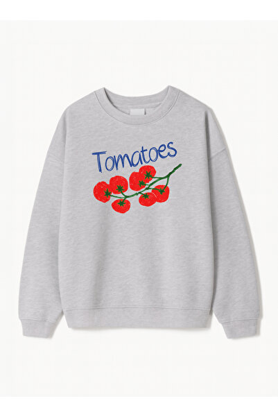Disante Women's Oversize Fit Sweatshirt with Tomato Print – Crew Neck, 3 Thread Fleece