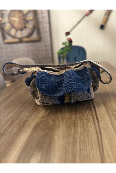 DMK Store Handmade Messenger Bag – Navy Blue & Beige, Sophisticated Style with an Artistic Touch