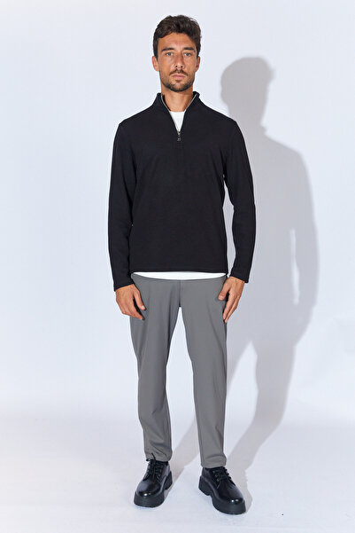 Manche Yarım Fermuarlı Balıkçı Yaka Sweatshirt - Siyah | MEW224831-01