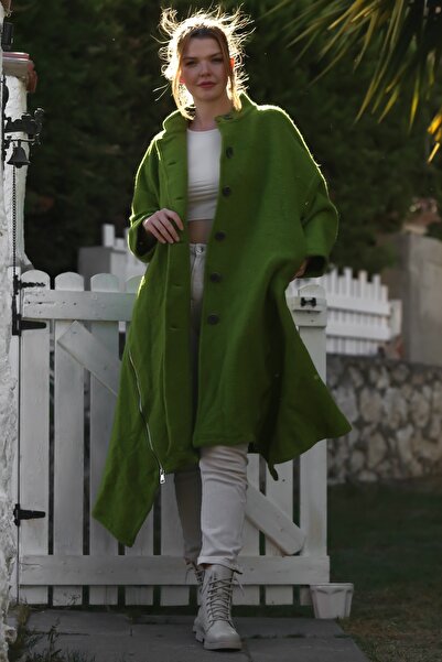 Chiccy Italian Pistachio Green Hakim Collar Long Sleeve Zippered Hidden Pocket Cashmere Oversize Woven Coat 105 70