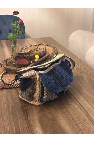 DMK Store Handmade Messenger Bag – Navy Blue & Beige, Sophisticated Style with an Artistic Touch