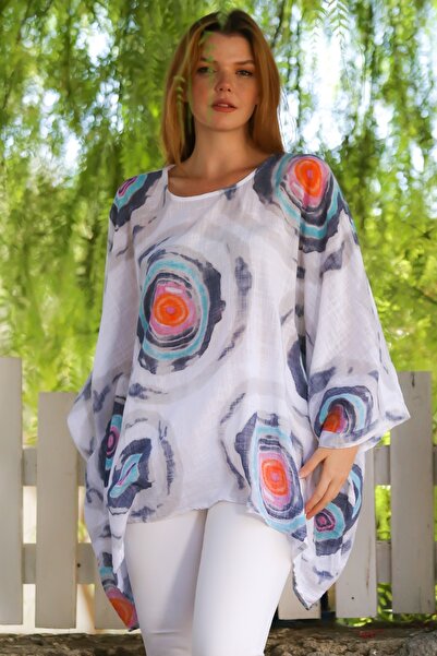 Chiccy Italian White Pool Collar Batwing Sleeve Geometric Patterned Linen Oversize Woven Tunic 80 120