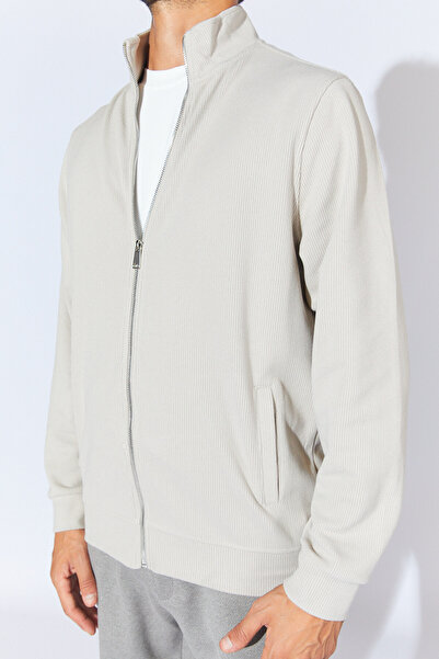 Manche Fitilli Balıkçı Yaka Fermuarlı Cepli Hırka - Taş | MEW224994-01