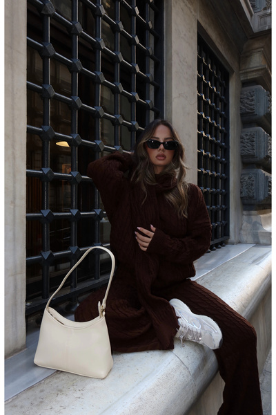 nona butik Shawl Detail Three-Piece Set - Brown