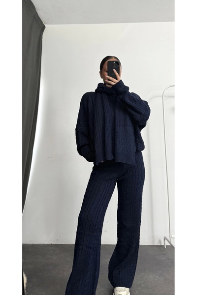 nona butik Shawl Detail Three-Piece Set - Navy Blue