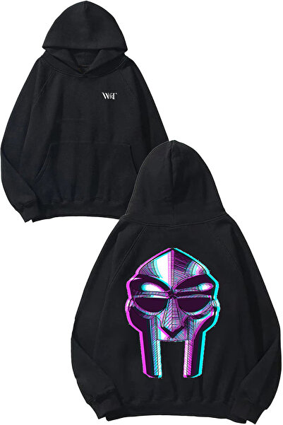 THEWERT Hanorac negru cu glugă cu imprimeu pe spate Mf Doom 6 Design