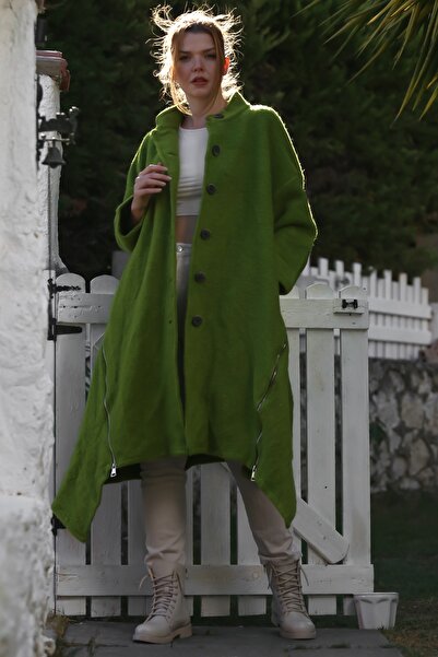 Chiccy Italian Pistachio Green Hakim Collar Long Sleeve Zippered Hidden Pocket Cashmere Oversize Woven Coat 105 70
