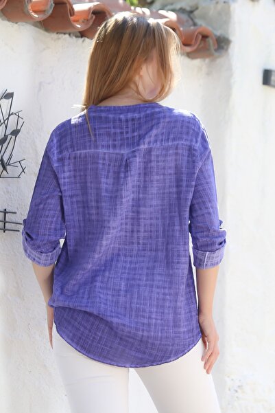 Chiccy Organik Pamuk Mor Hakim Yaka Düğmeli Uzun Kollu Dokulu Tek Cepli Yıkamalı Dokuma Bluz 70 60