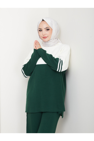 MY QILAM Women's Hijab Set Two Colors Half Turtleneck Knitwear Bottom Top Set Green
