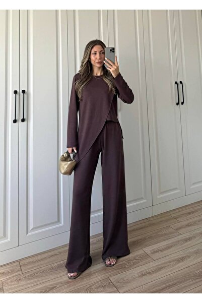 manana fashion Asymmetric Cut Long Sleeve Blouse Pants Two-Piece Modal Top and Bottom Set