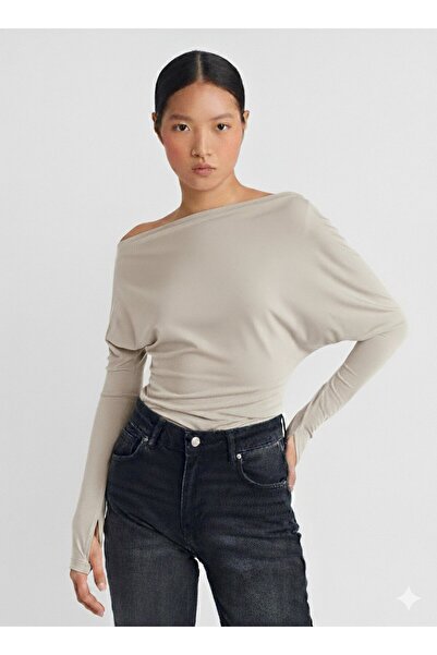Dilvin 31487 Finger Detail Asymmetrical Collar Top-Dark Stone