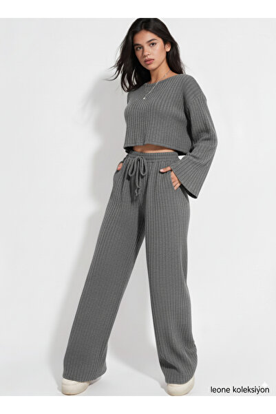 LEONE KOLEKSİYON Σετ από πλεκτό ύφασμα ανθρακί κοτλέ & παντελόνι με φαρδύ πόδι