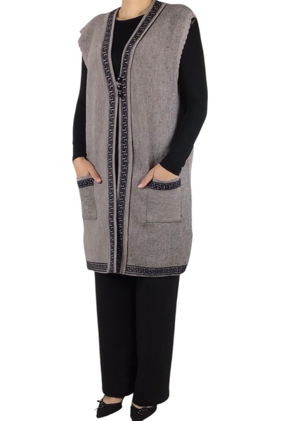 ECE GİYİM Women's Thick Plus Size Vest with Three Buttons on the Front, Patterned Pockets