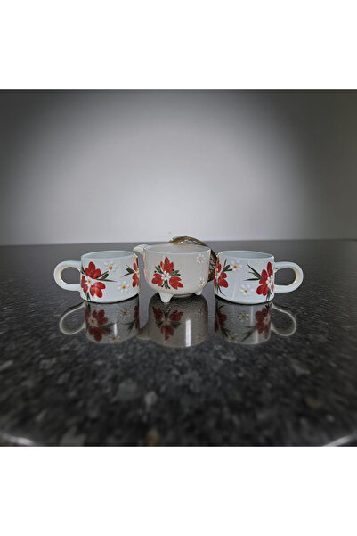 İlbay Çini Takı 2 Mugs with Red Crocus Flower Pattern and 1 Sugar Bowl