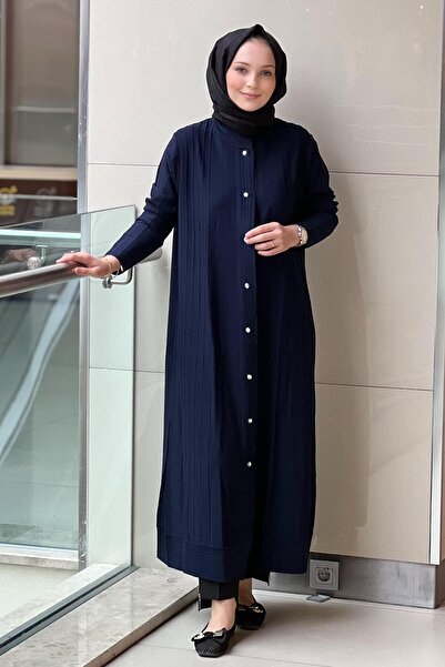 Mahal Crochet Knitwear Ribbed Detailed Max Length Knitwear Rayon Cardigan