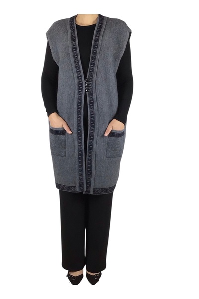 ECE GİYİM Women's Thick Plus Size Vest with Three Buttons on the Front, Patterned Pockets