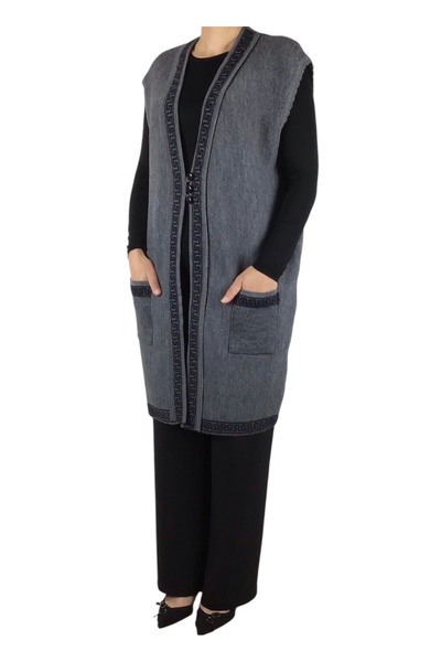 ECE GİYİM Women's Thick Plus Size Vest with Three Buttons on the Front, Patterned Pockets