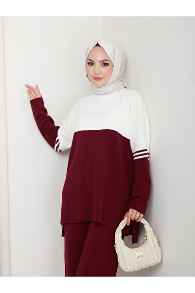 MY QILAM Women's Hijab Set Two Colors Half Turtleneck Knitwear Bottom Top Set Burgundy