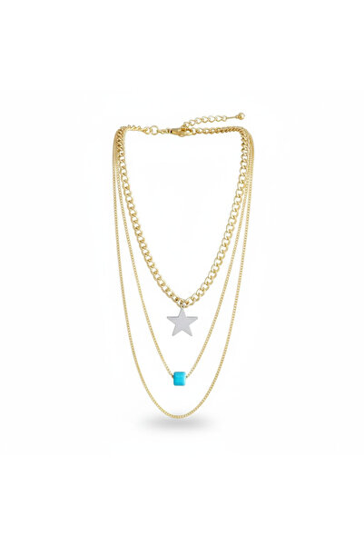 maia قلادة بسلسلة متعددة الطبقات باللون الذهبي - مزينة بتفاصيل نجمة وخرز فيروزي