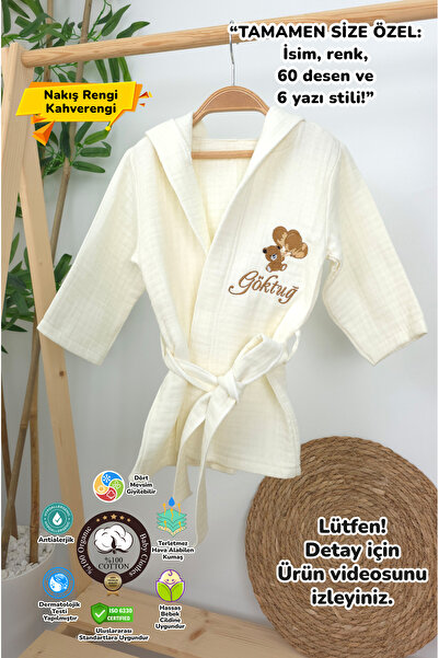 gros shop Müslin Yeni Doğan 4Katlı Organik %100Pamuk Kişiye Özgü Nakışlı 0-2 Yaş Bornoz (Ayıcıklı)