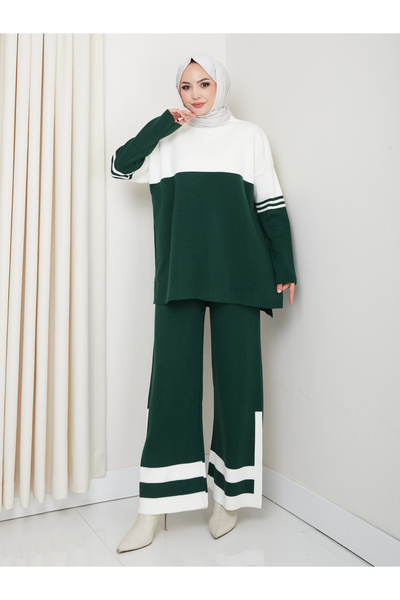 MY QILAM Women's Hijab Set Two Colors Half Turtleneck Knitwear Bottom Top Set Green