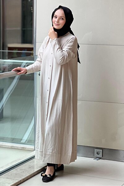 Mahal Crochet Knitwear Ribbed Detailed Max Length Knitwear Rayon Cardigan