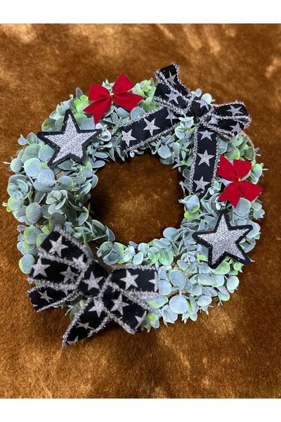 Marrone Door Ornament Glittery Fringed Ribbon Star Detail