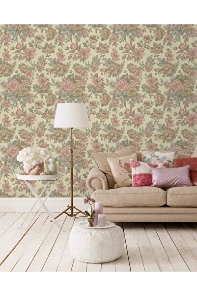 Adawall Çiçek Açan Güller ve Çiçek Desenli Duvar Kağıdı, Bej, Açık, Pembe - E...