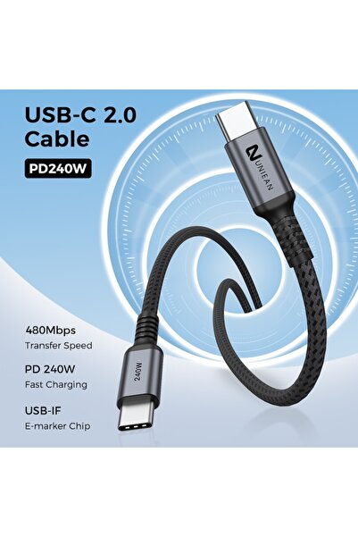 OEM Cablu alimentare si date USB-C la USB-C UNIEAN, 240W PD, 2m, 480Mbps, Invelis Nylon, Braided, Negru