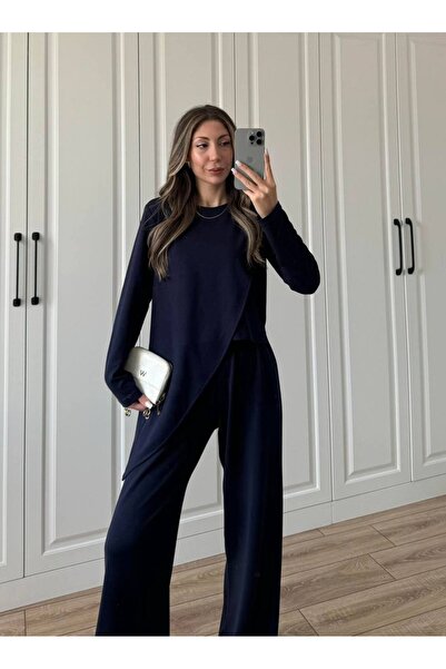 manana fashion Asymmetric Cut Long Sleeve Blouse Pants Two-Piece Modal Top and Bottom Set