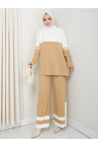 MY QILAM Women's Hijab Set Two Colors Half Turtleneck Knitwear Bottom Top Set Beige