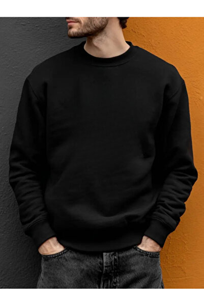 CAZZ SPORTS Erkek Düz Siyah Baskısız Bisiklet Yaka Oversize Sweatshirt Sweat ...