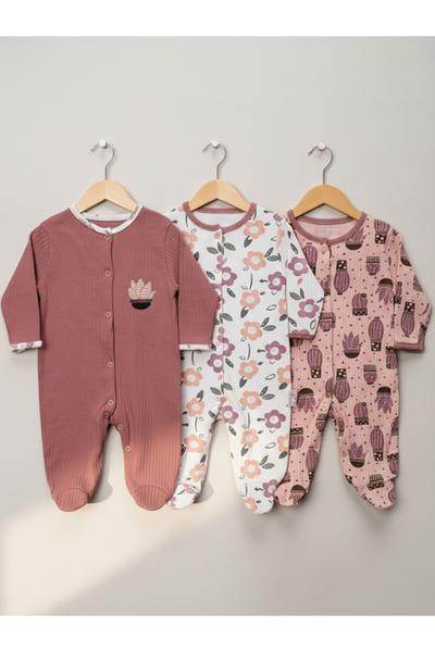 Lindakids Kaktüs Çiçek Desenli % 100 Pamuk Kız Bebek Yenidoğan 3-6-9 3lü Tulu...