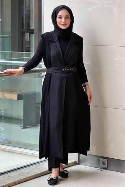 Mahal Crochet Knitwear Fabric Garnished Belted Long Knitwear Vest
