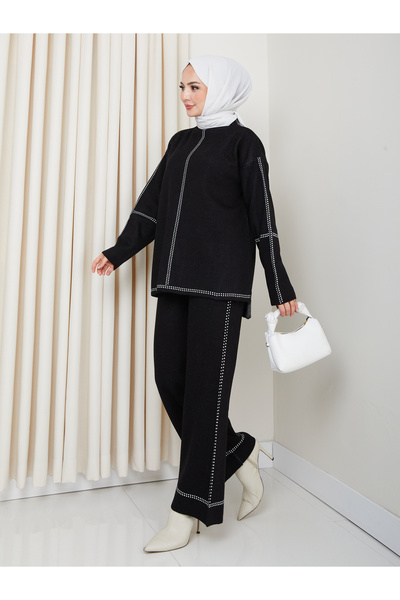 MY QILAM Women's Hijab Set Patterned Half Turtleneck Knitwear Bottom and Top Set Black