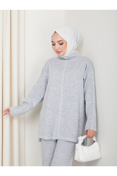 MY QILAM Women's Hijab Set Patterned Half Turtleneck Knitwear Bottom and Top Set Gray