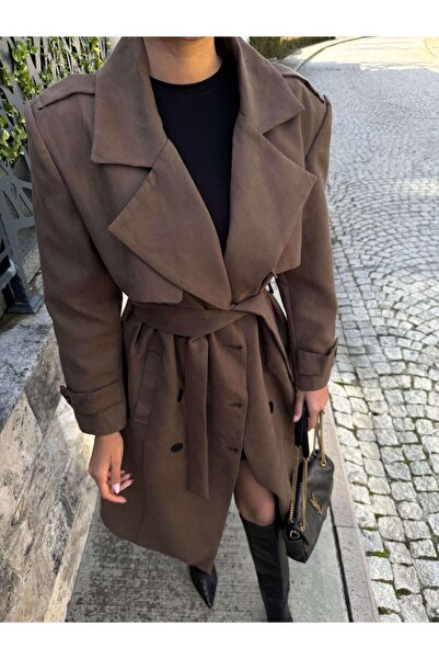Julidress Double-Breasted Collar Lined Belted Long Premium Suede Trench Coat