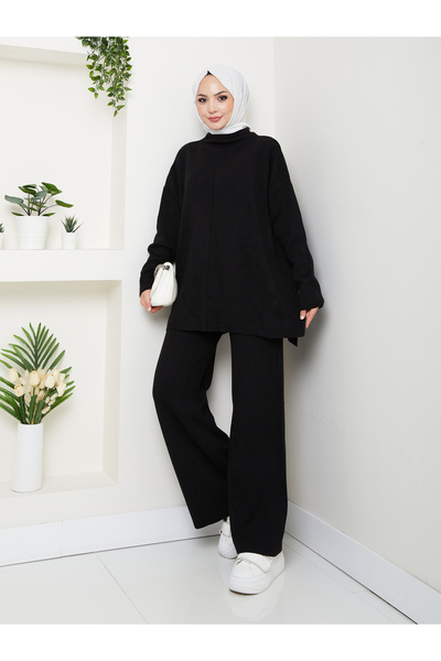 MY QILAM Women's Hijab Set Half Turtleneck Sweater Pants Bottom Top Knitwear Set Black
