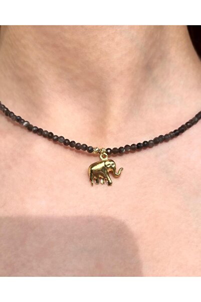 eyla collection Fidara - Obsidian Stone & Elephant Detailed Steel Necklace