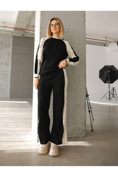 EsSo butik Women's Crew Neck Color Block Knitwear Set
