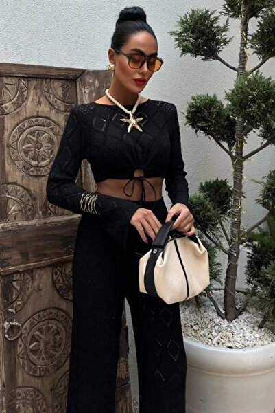 Genel Markalar Kadın Siyah Göğüs Bağcık Detay Ajurlu Uzun Örme Takım