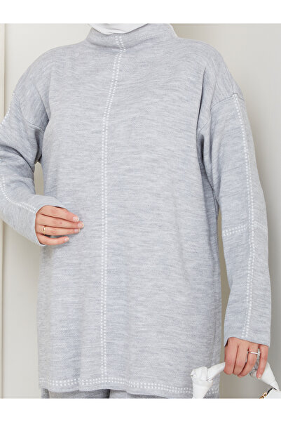 MY QILAM Women's Hijab Set Patterned Half Turtleneck Knitwear Bottom and Top Set Gray