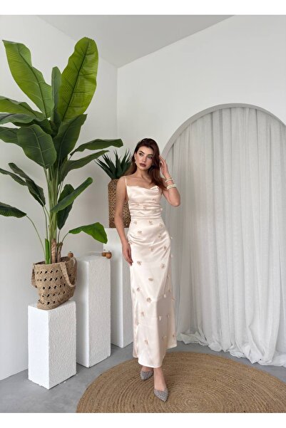 ETİKAFASHION Tasarım Saten Degaje Yaka Çiçek Detaylı Askılı Kadın Elbise