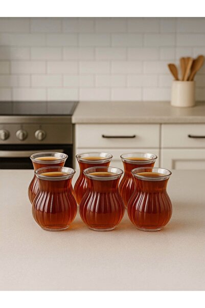 CEZVE HOME Keyf-I Ala 6-Piece Heat Resistant Borosilicate Glass Striped Tea Cup 200 ml