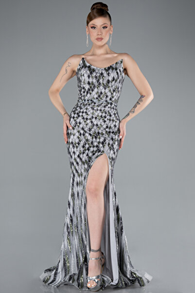 Abiyefon Gri Straplez Yırtmaçlı Uzun Pul Payet Büyük Beden Abiye ABU5115