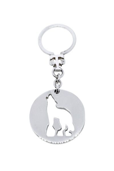 oya silver سلسلة مفاتيح على شكل ذئب على لوحة فضية كبيرة مستديرة