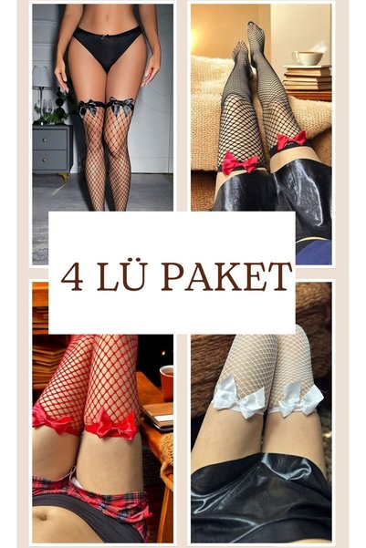 Qvien Secret 4 lü Paket Siyah Beyaz Kırmızı Fiyonklu Jartiyer Çorabı