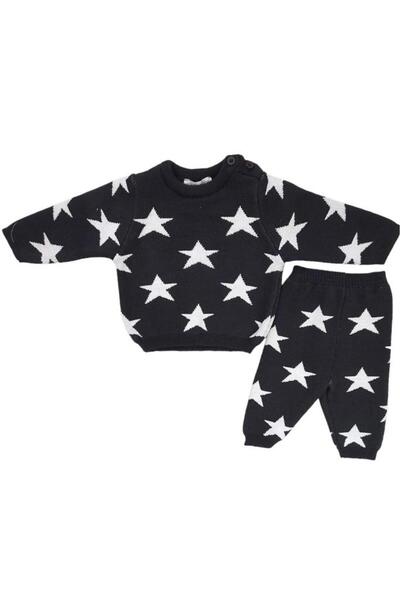 Dumledo Star Patterned Navy Blue Knitwear 2-Piece Bottom & Top Baby Set